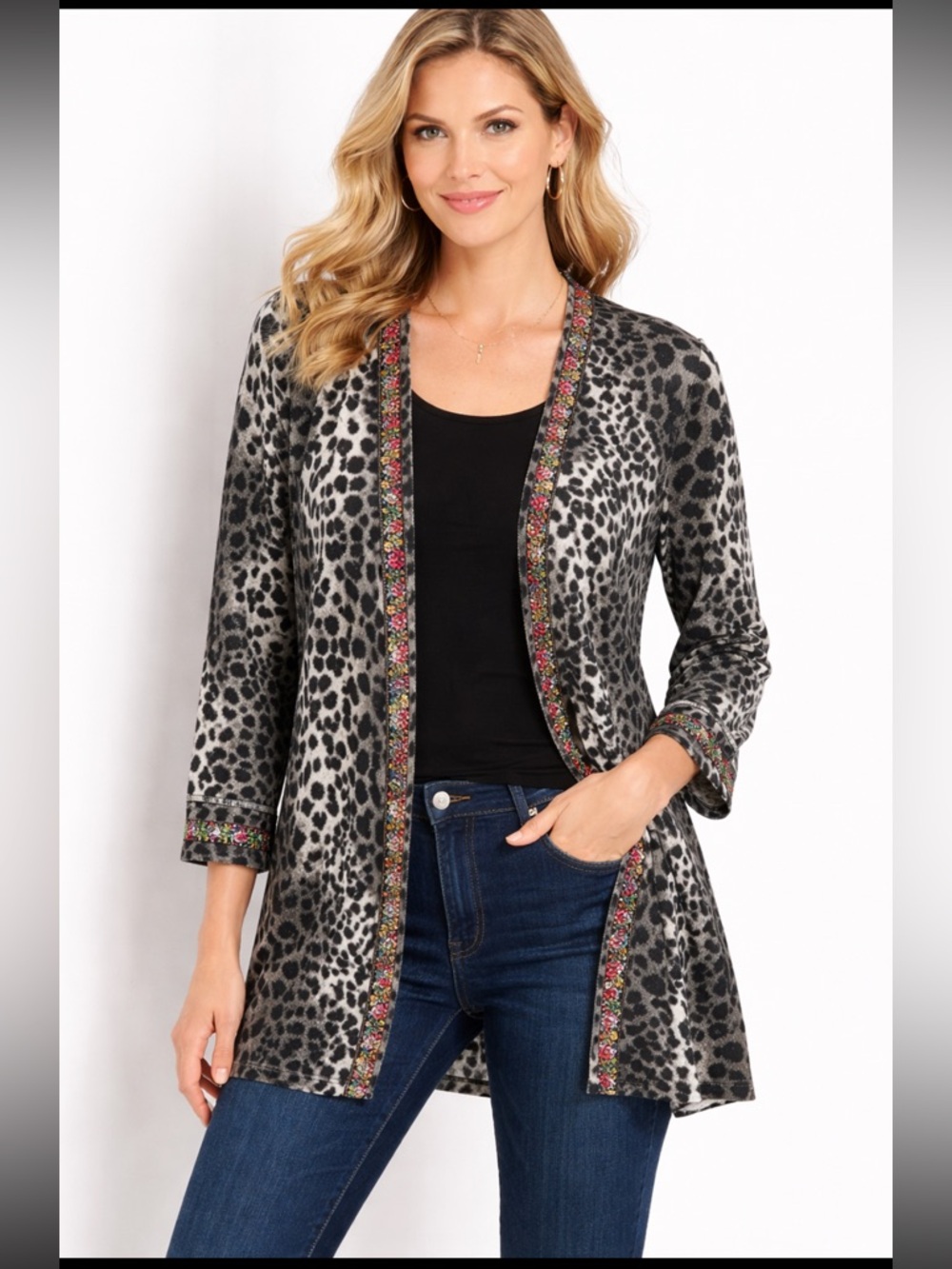 Ivy Jane Animal Print Open Front Long Sleeve Cardigan Topper Small